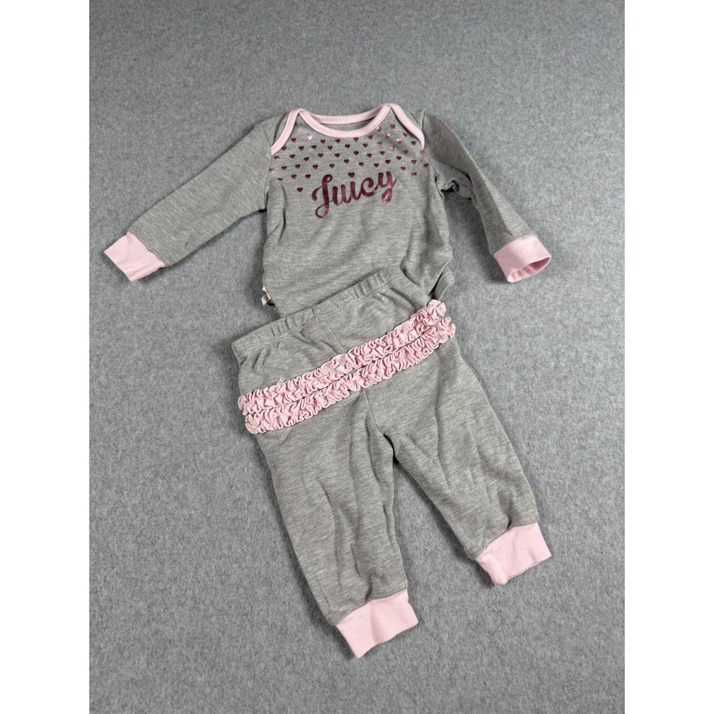 Juicy Couture Bodysuit Jogger Set 3/6M Gray Pink Y2K Ruffle Butt Athleisure